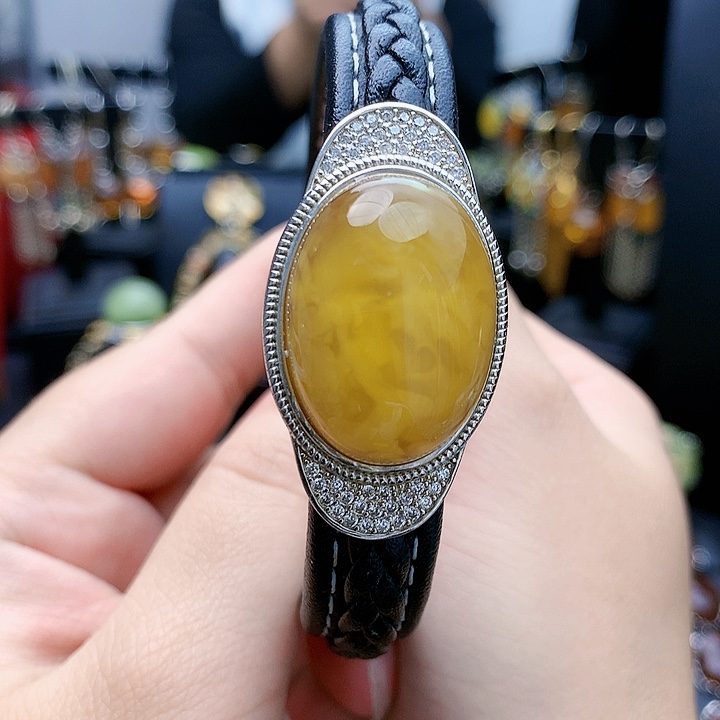琥珀裸石银S925镶嵌戒指