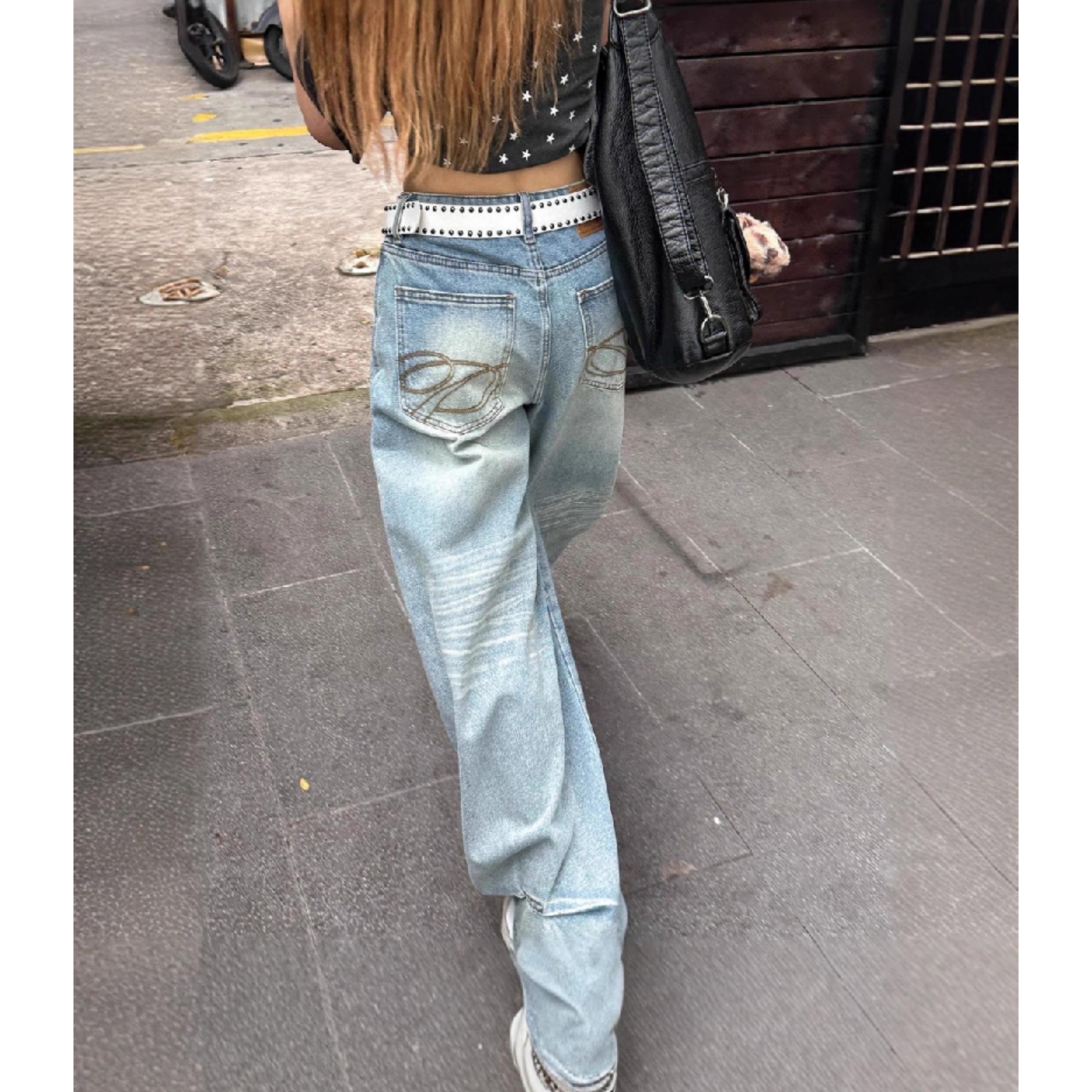 秋冬美式高街复古刺绣牛仔裤女2025设计感宽松高腰直筒阔腿裤