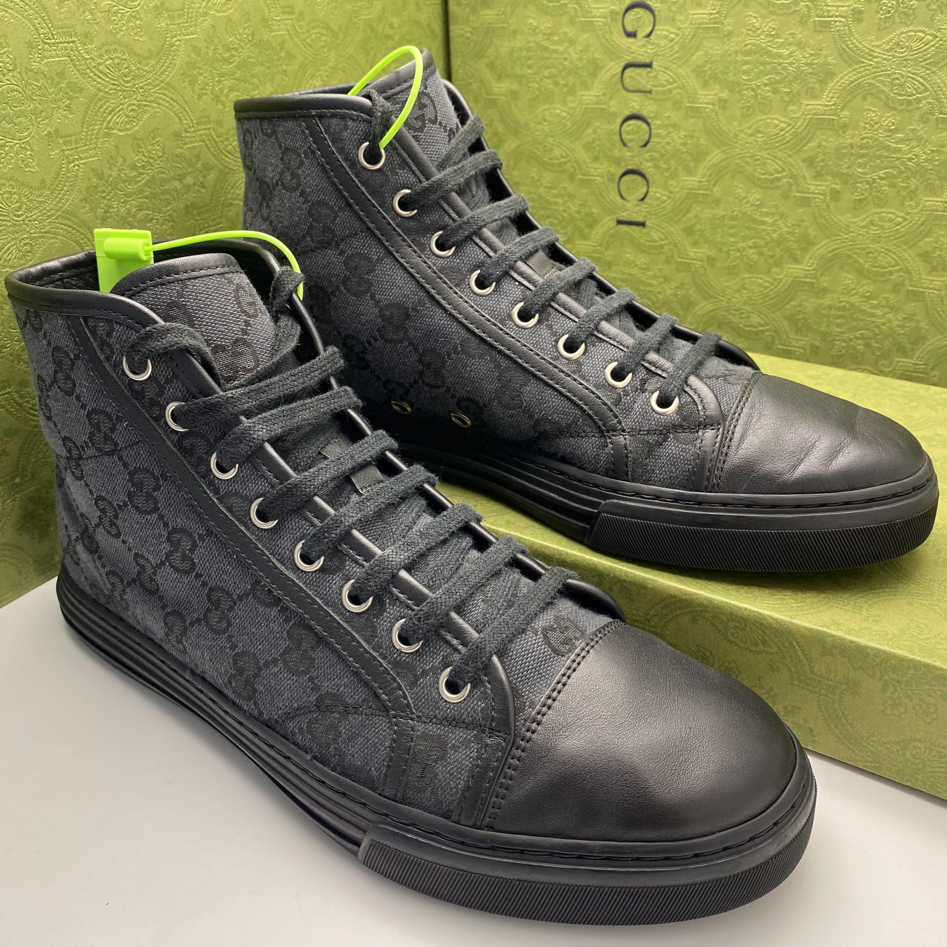 95新 GUCCI/古驰 41.5欧码/黑色高帮板鞋时尚双G印花休闲 男款