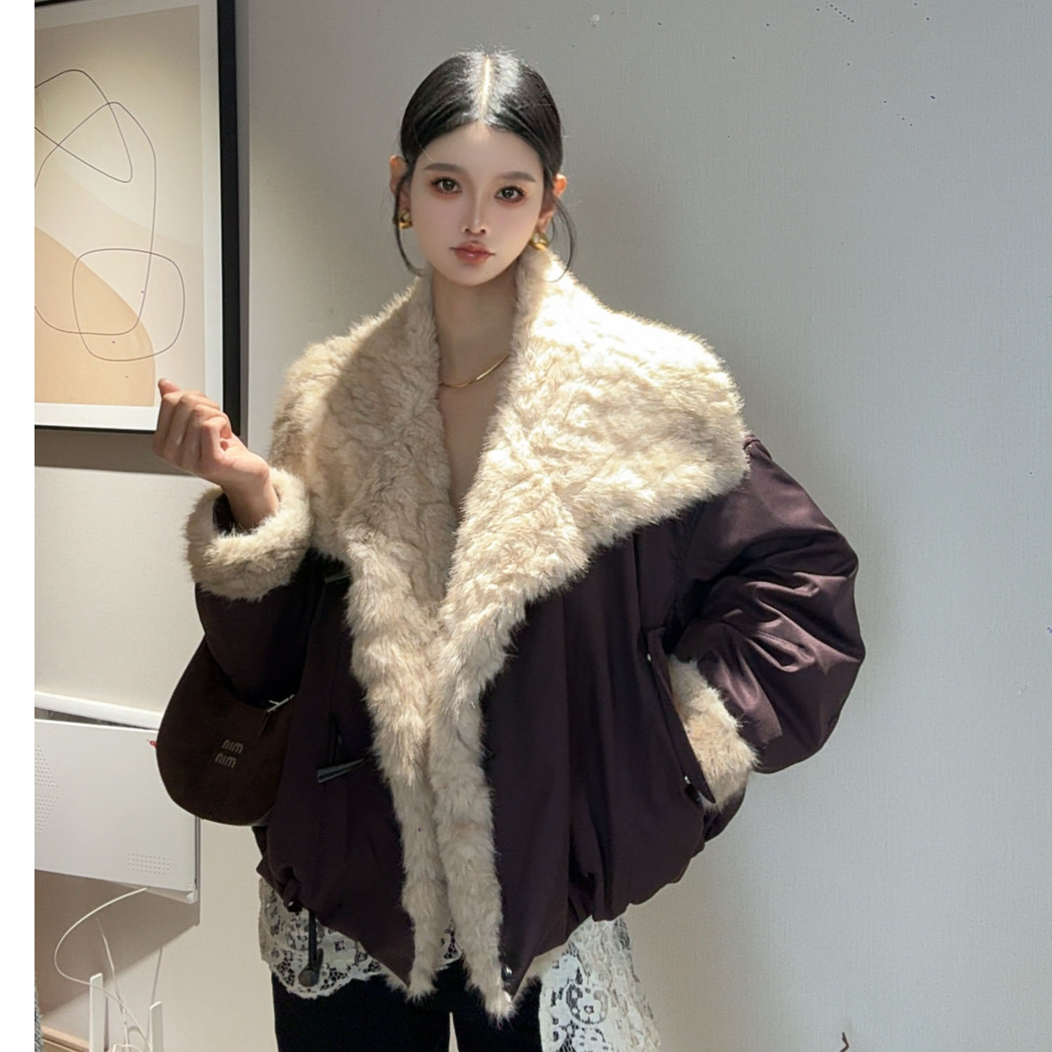  冬款韩版宽松百搭加厚保暖毛毛翻领夹白鸭绒内胆派克服外套