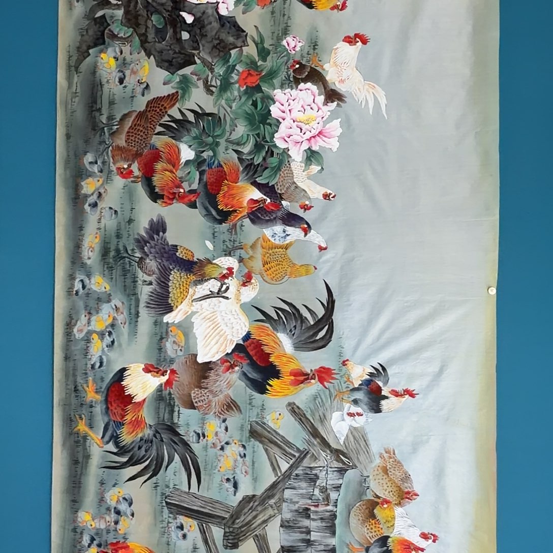 国画绢本百鸡图八尺