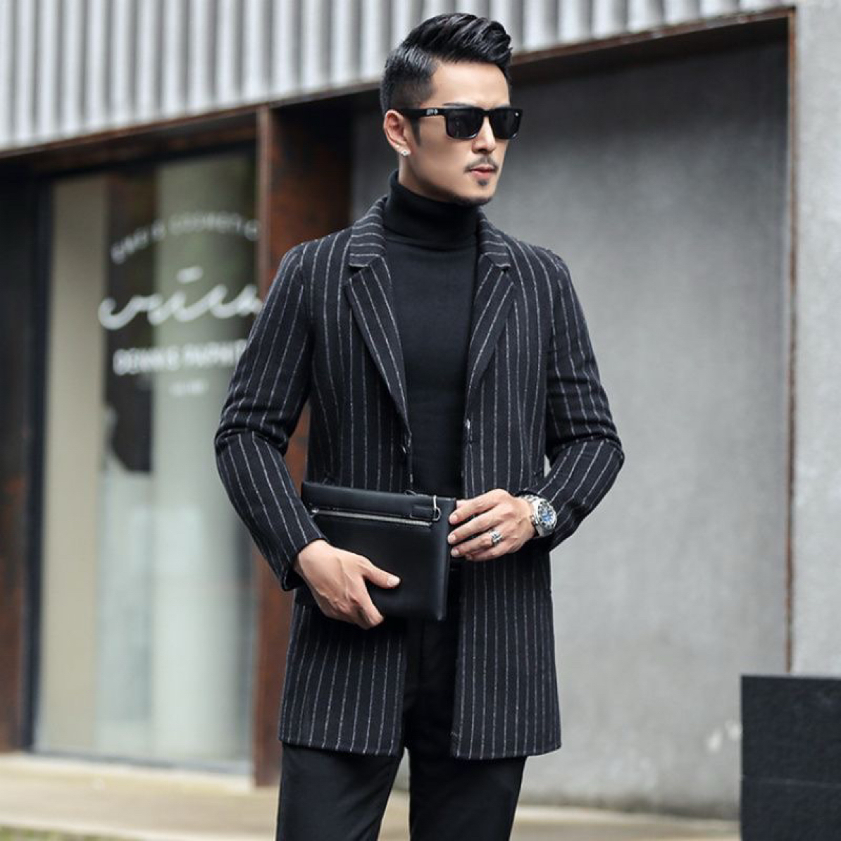 羊毛外套男士中长款双面呢大衣秋冬季新款西装领风衣条纹外套