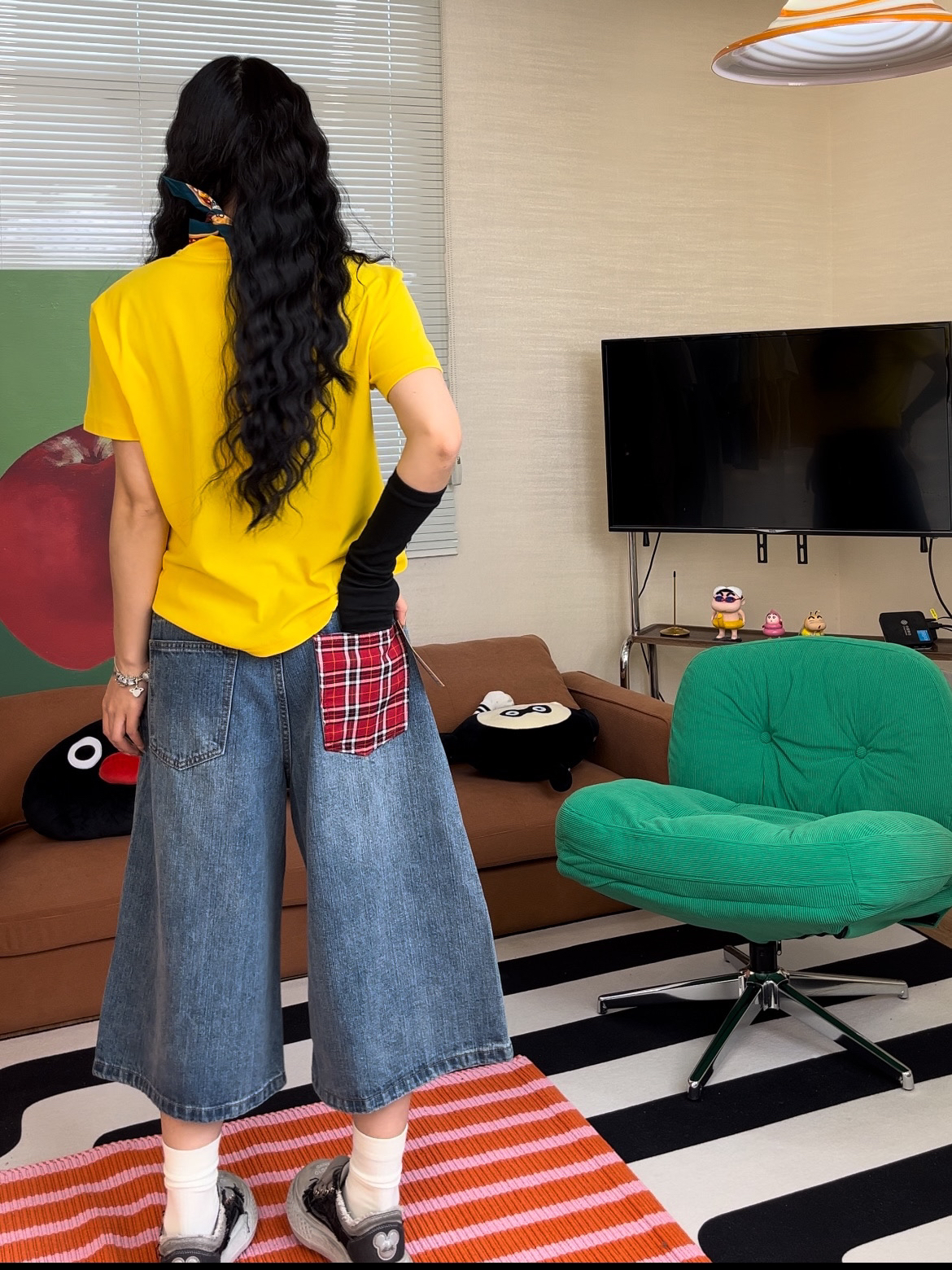 夏季清仓（格子七分裤）美式复古红色格子拼接阔腿过膝七分牛仔