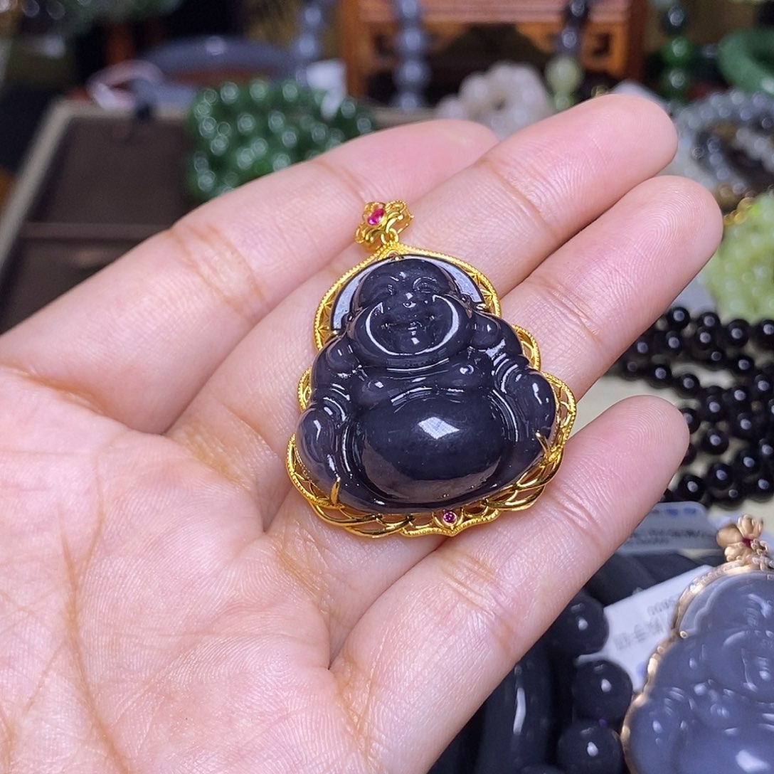 和田玉未镶嵌烟紫老矿料收藏金镶佛公吊坠