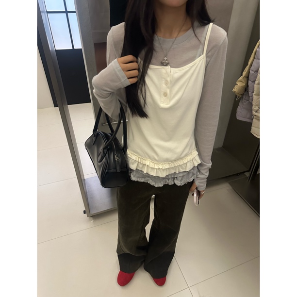 （福）舒适感两件套！木耳边T恤➕吊带套装（2HL6179#）爱唯依