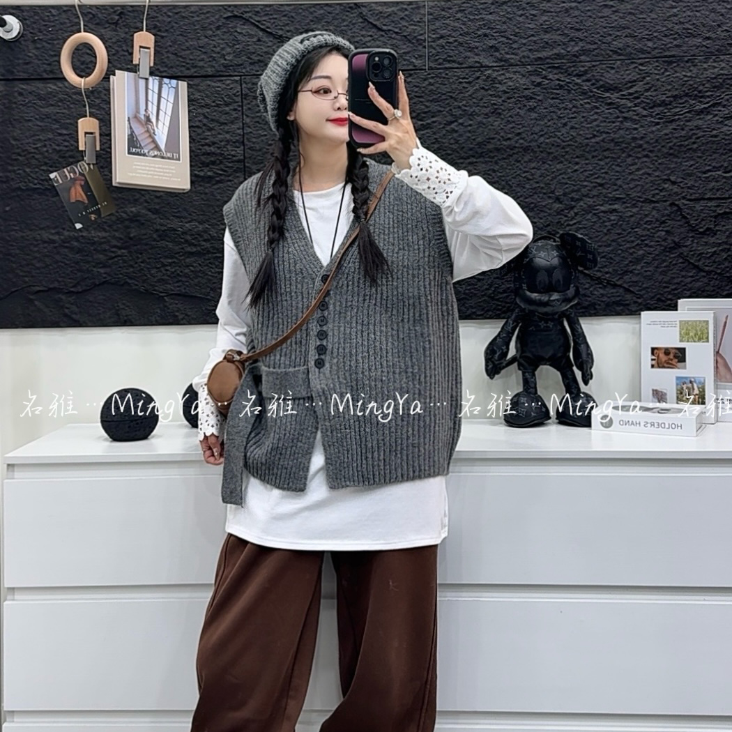 6677 秋冬V领复古针织马甲针织开衫