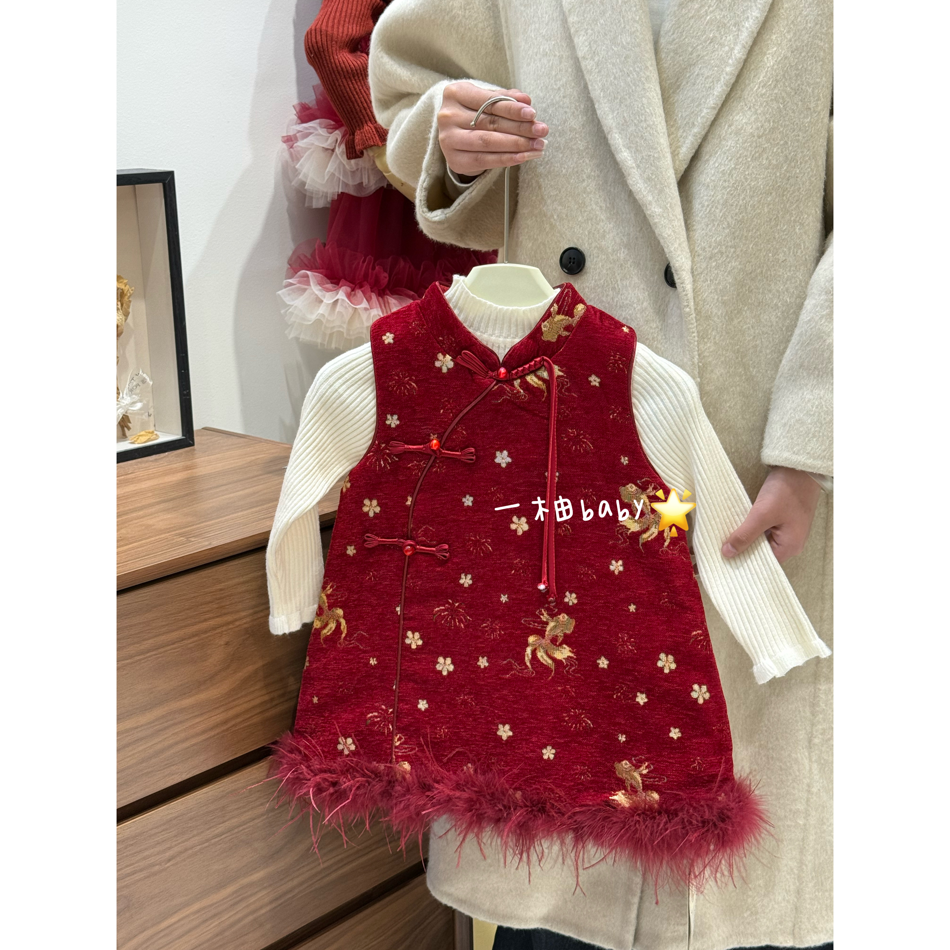 原创重工冬季新款A字版红色刺绣新年周岁生日公主裙套装（两件套）