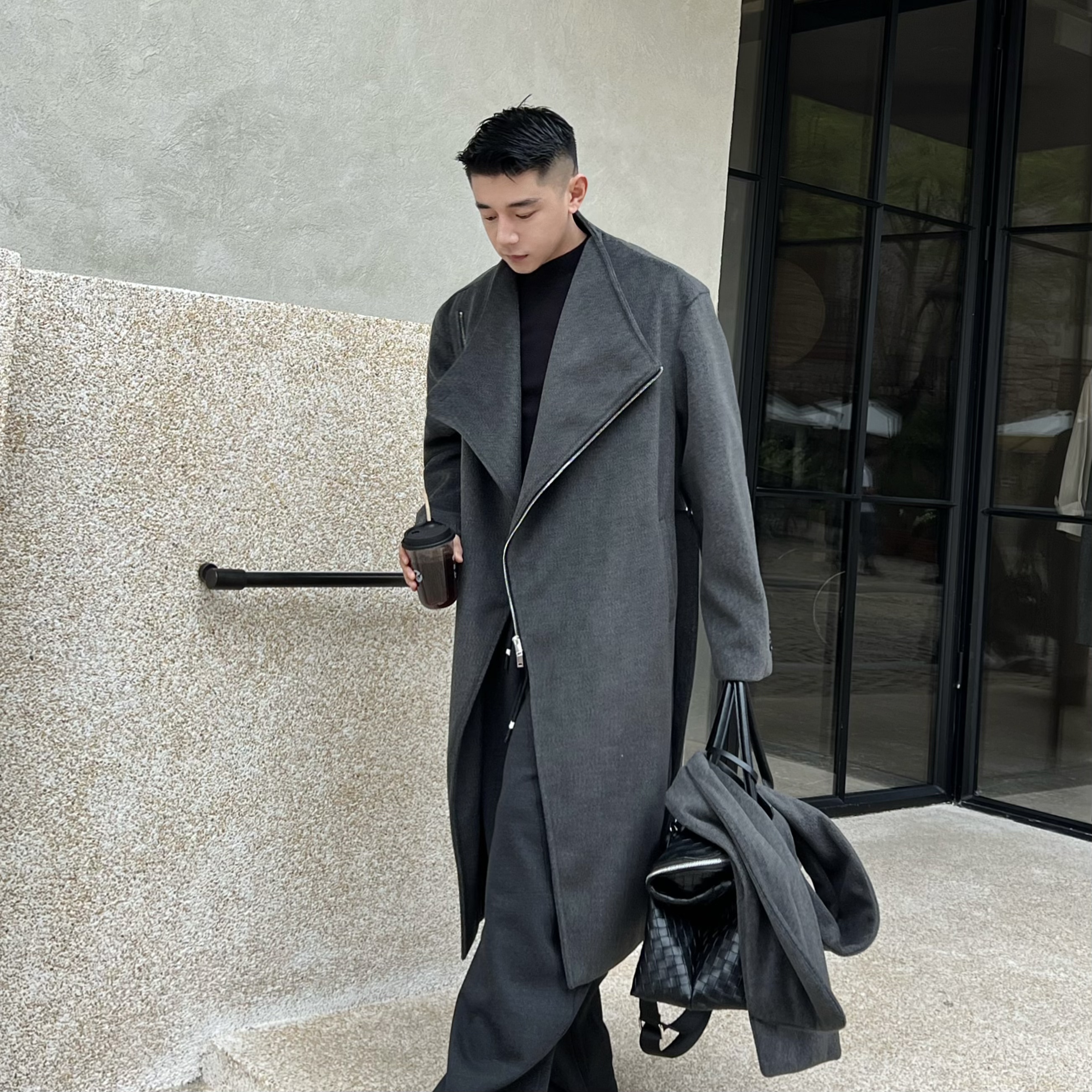 韩系拉链廓形毛呢自带围巾高级感中长款垫肩风衣过膝宽松呢子外套