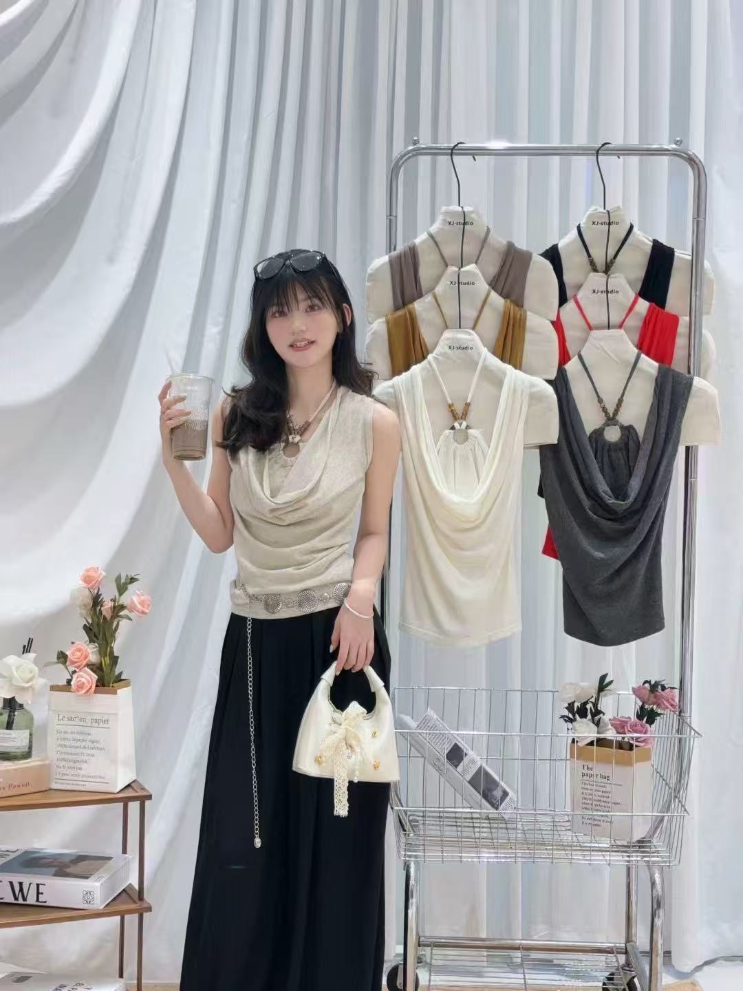 美式针织背心夏季上衣假两件通勤T恤百搭时尚设计感女士小众修身