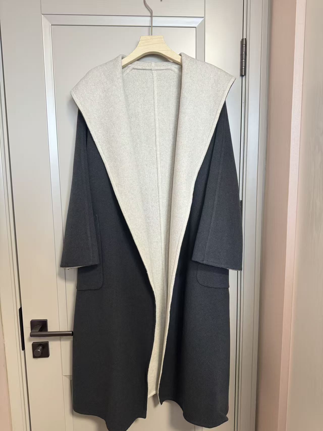 Yukitto羊毛气质休闲双面双色女士戴帽大衣