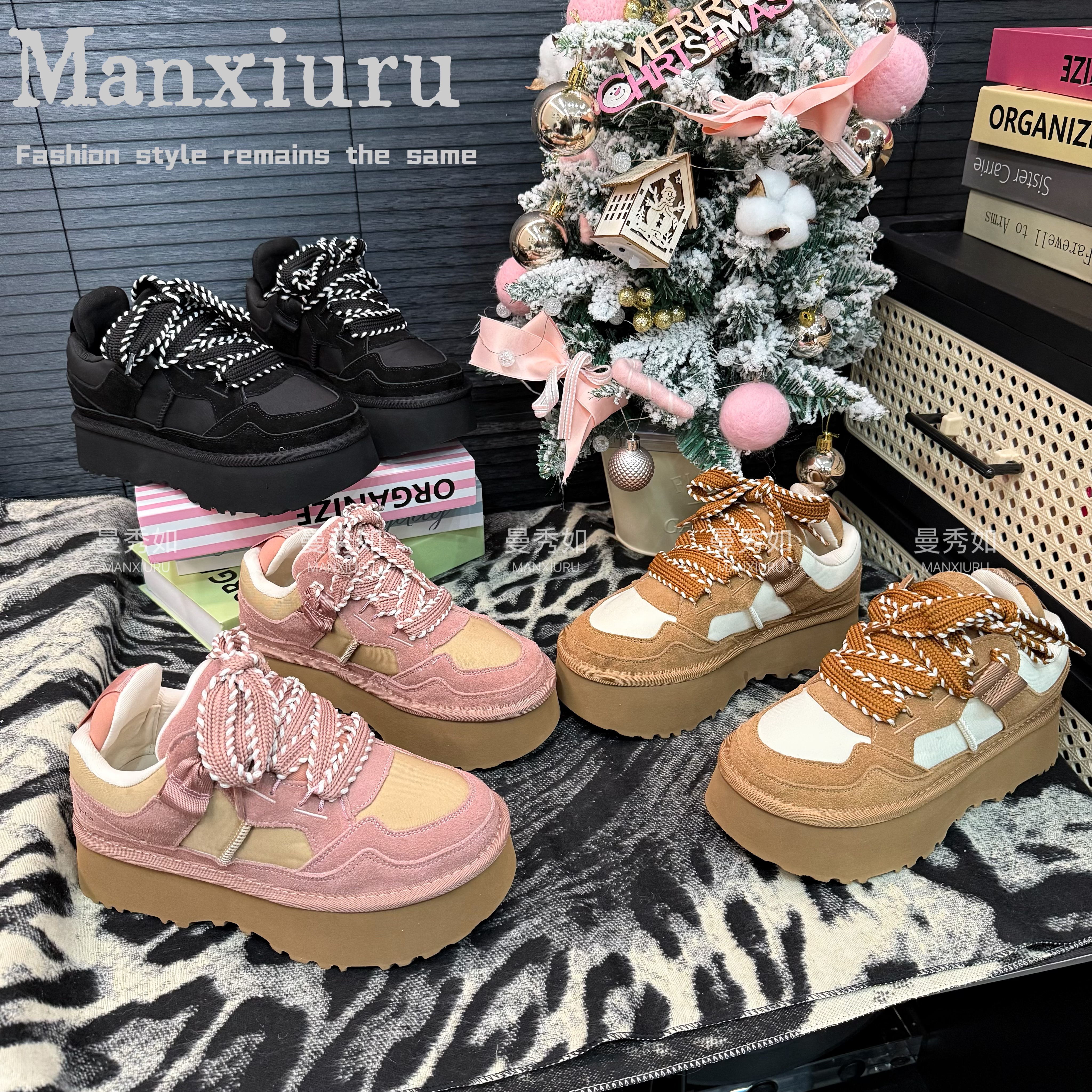 【曼曼】一博同款“再见梅尔”女士时尚舒适拼色厚底休闲板鞋68095