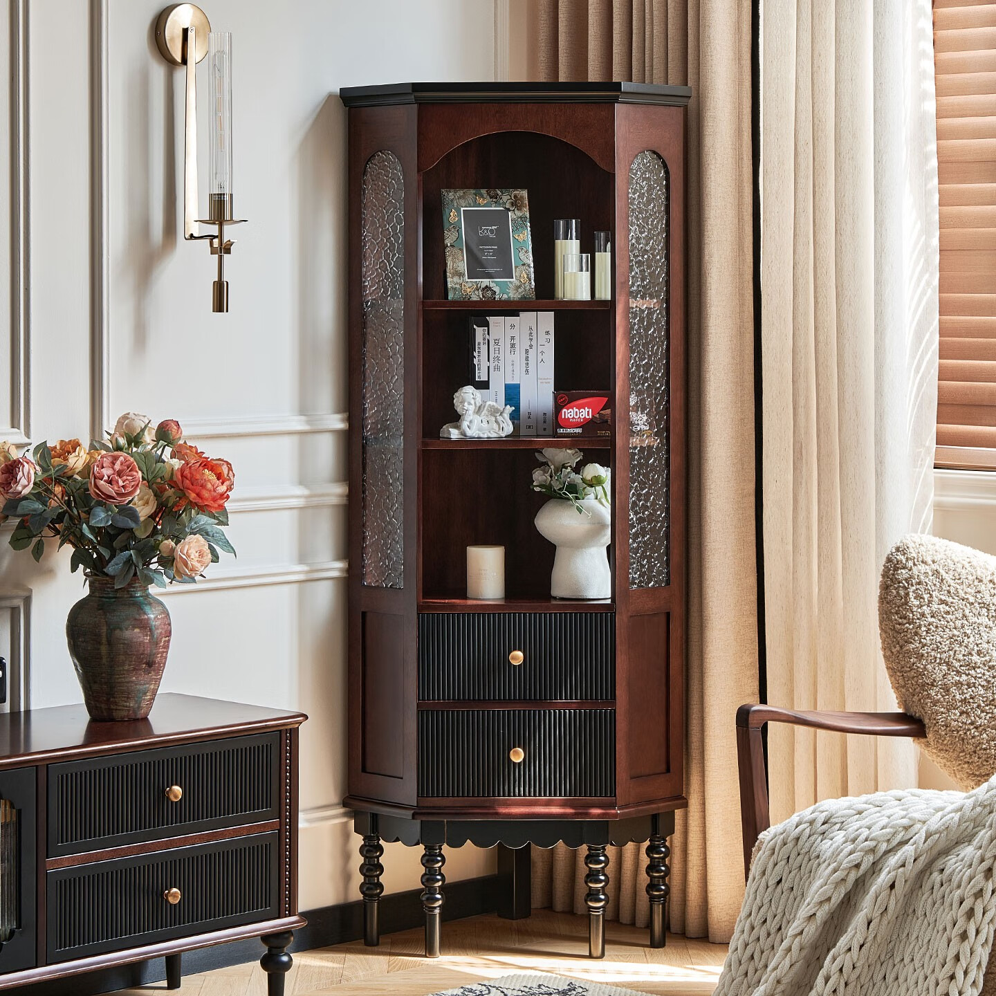 法式中古风实木墙角柜边柜置物架复古客厅90度拐角展示特