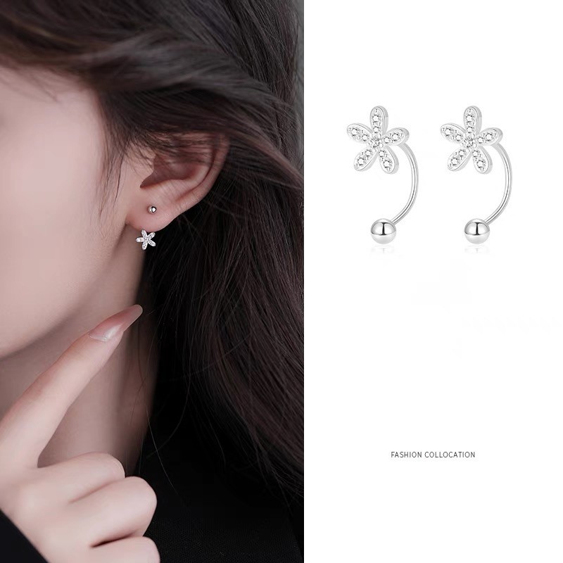 足银耳饰 999足银耳钉女螺丝拧扣养耳洞弯勾耳环花朵睡觉免摘耳饰