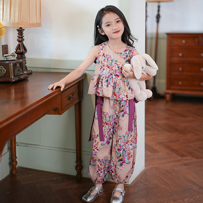 女童套装夏季2025新款小女孩无袖上衣洋气复古碎花儿童装两件套裤