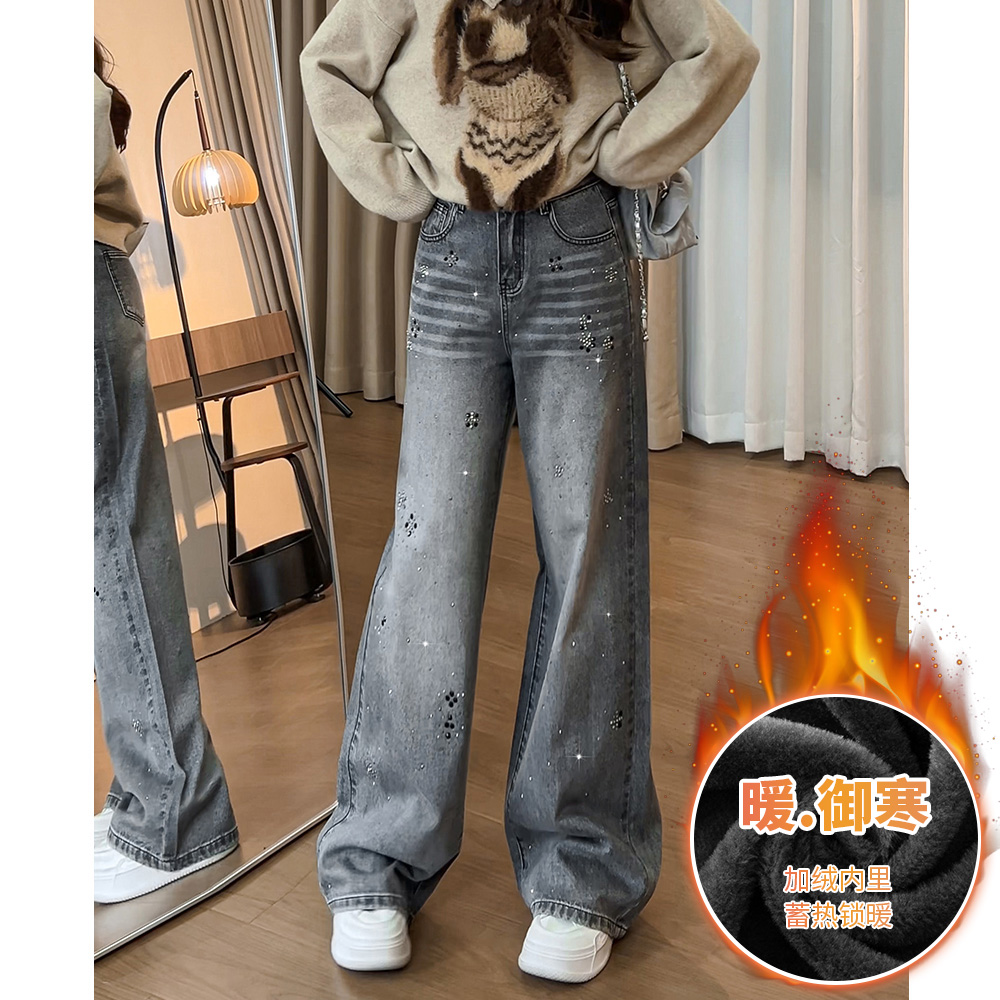 301复古烫钻阔腿牛仔裤女2025冬季加绒高腰显瘦宽松窄版阔腿裤