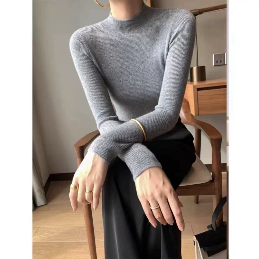 （19-69）长袖ins针织秋冬纯色精纺无缝修身羊毛衫厚款高领毛