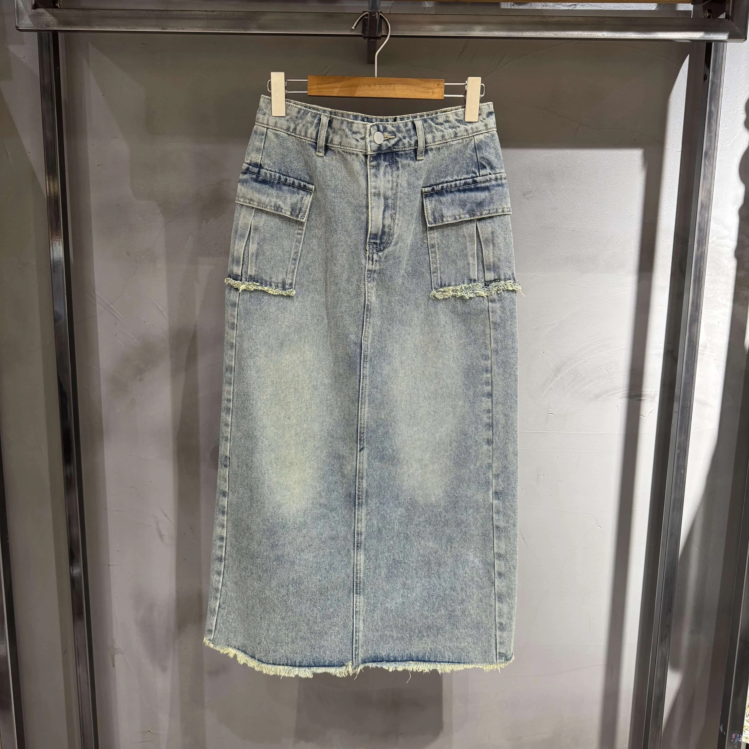 牛仔女士做旧系扣直筒裙中长裙高腰半身裙休闲开叉