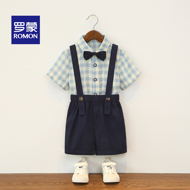 儿童格子衬衫短袖背带裤套装周岁礼服婴幼儿夏装男童演出服