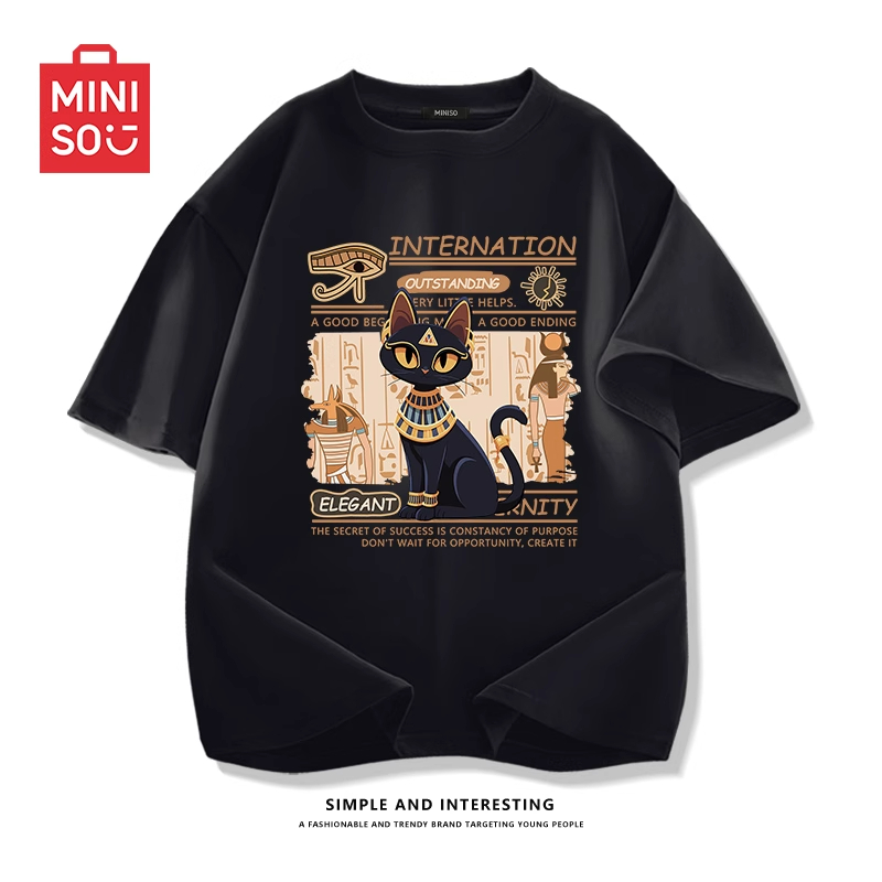 MINISO/名创优品纯棉短袖T恤男夏季复古埃及小猫高级感正肩体恤衫
