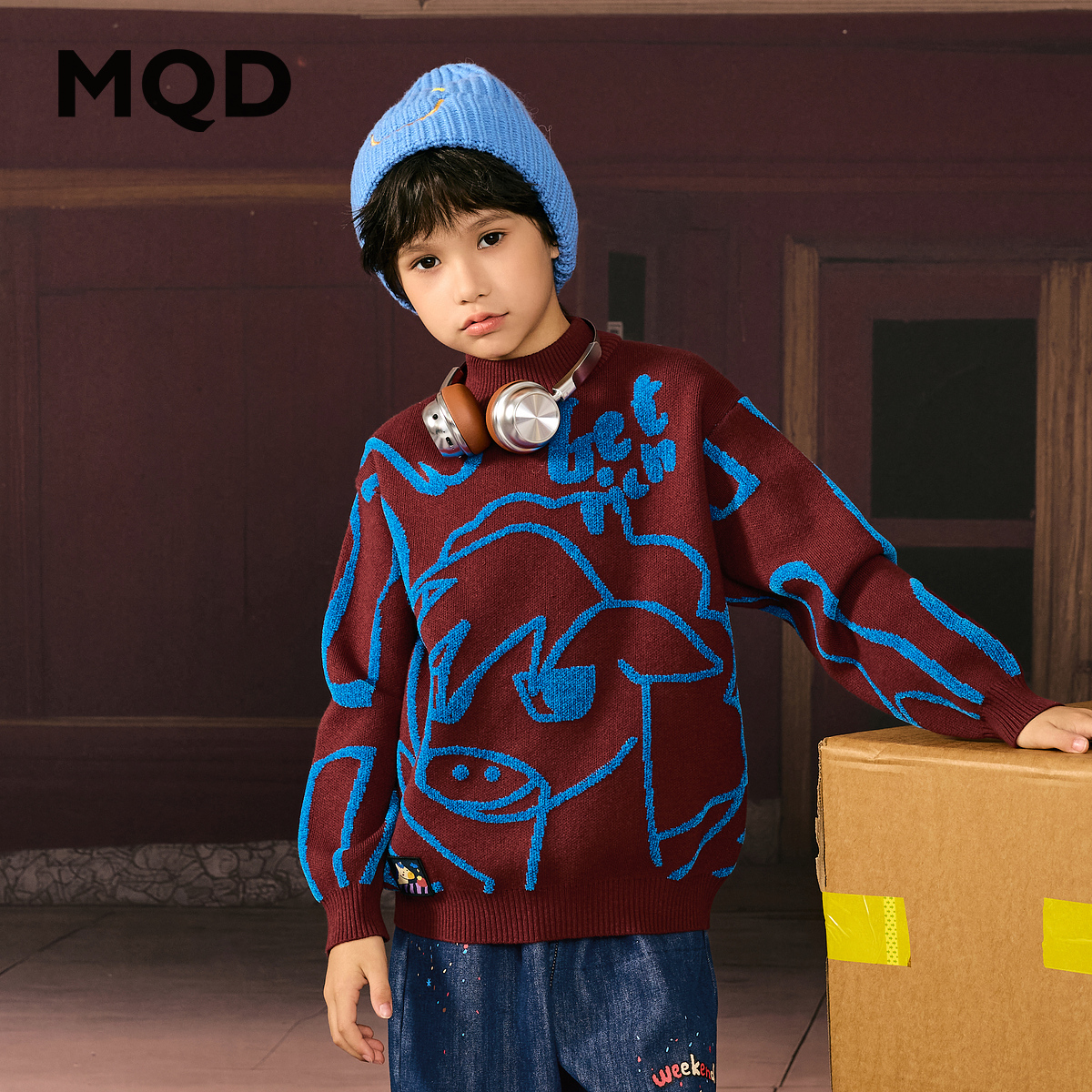 【拜年服】MQD男童25冬新款满版卡通氛围感半高领毛衣9654W0789