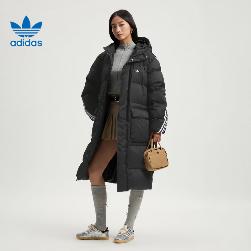 阿迪达斯三叶草长款连帽羽绒服男女装冬季光蓄热保暖外套KC2564