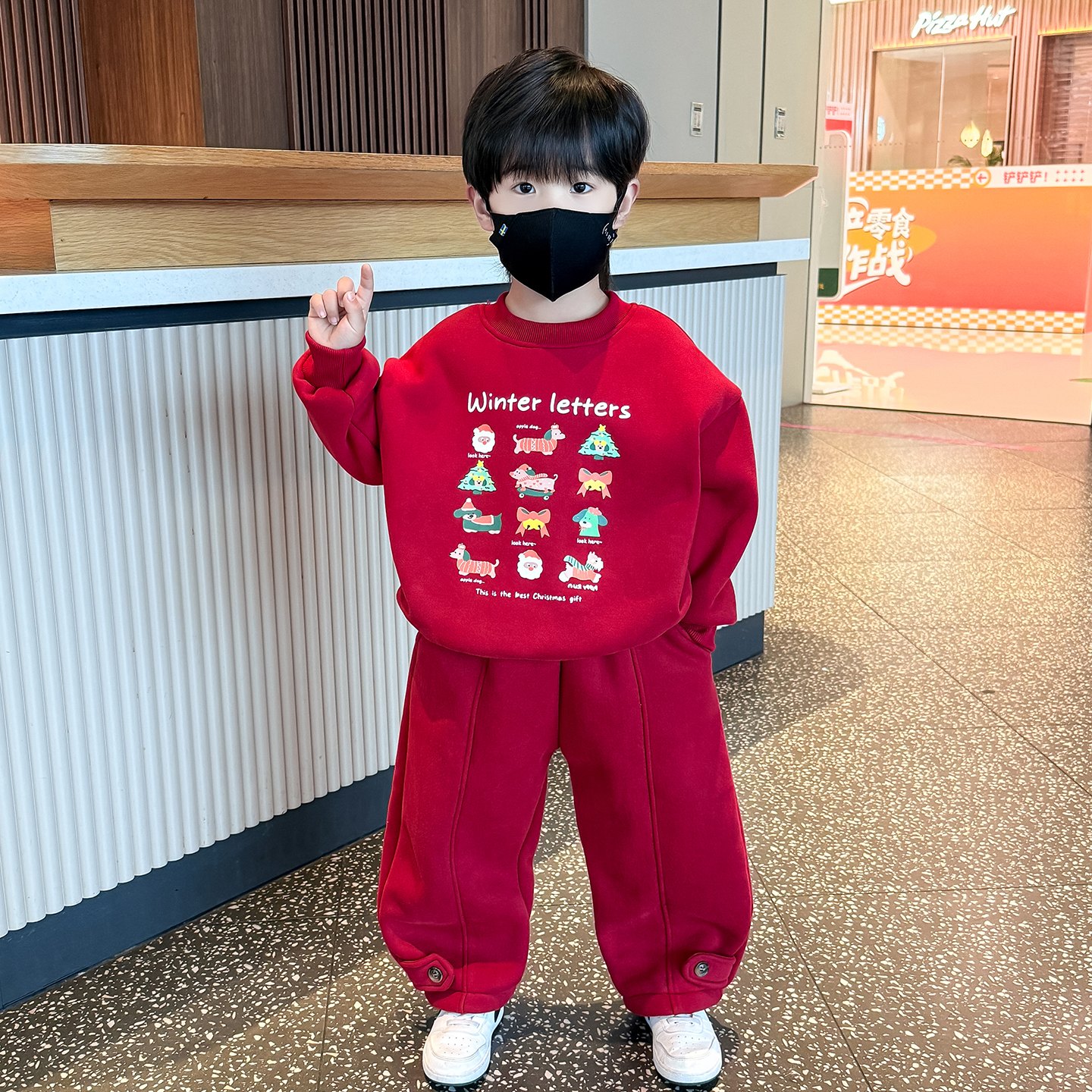 男童加绒卫衣套装2025冬季新款酷帅儿童宝宝冬装加厚保暖红色衣服