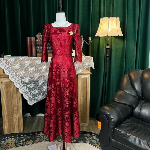 喜鸢高定婚礼水溶立体刺绣高腰七分袖连衣裙连衣裙喜婆婆喜妈妈装