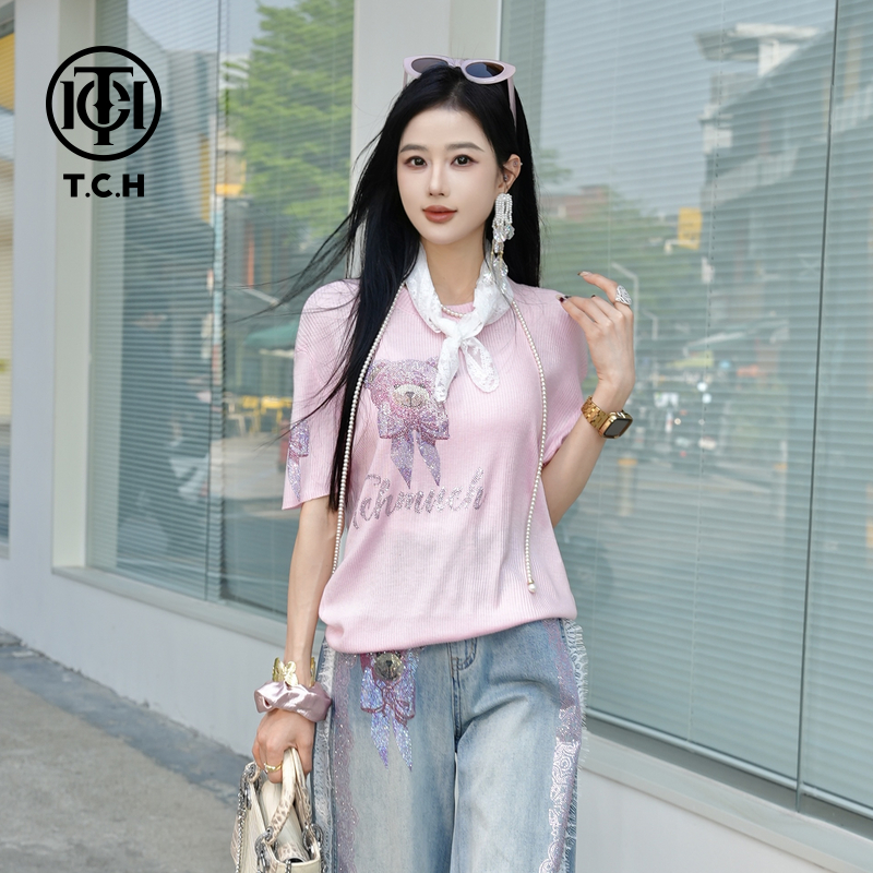 TCH烫钻工艺时尚休闲百搭针织T恤女T75A09E5102