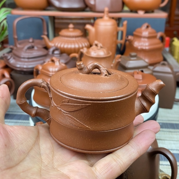紫砂茶壶竹段130CC原矿宝山红降坡泥特价