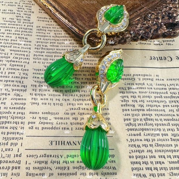 铜合金琉璃耳饰 铜合金果冻琉璃糖果色绿叶花朵扫肩耳钉