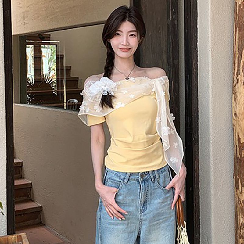 多巴胺网纱拼接一字肩上衣女夏季新款设计感修身内搭露肩短袖体恤