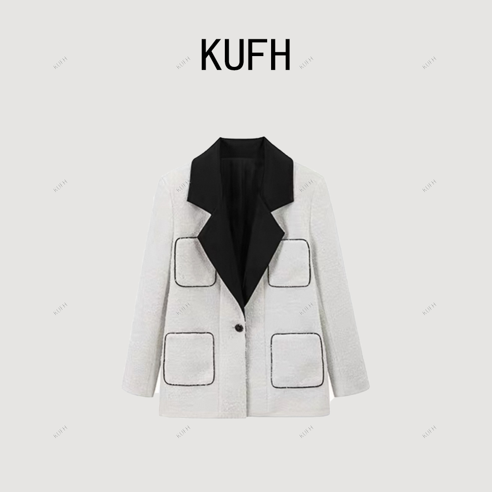 KUFH【王一博同款】法式小香黑白撞色粗花呢大翻领西装外套K28223