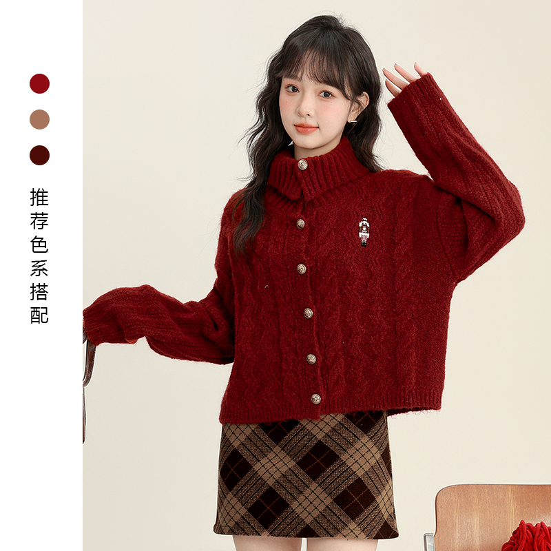 帛卡琪2025秋冬新款新年红色开衫毛衣外套女加厚保暖针织衫短上衣
