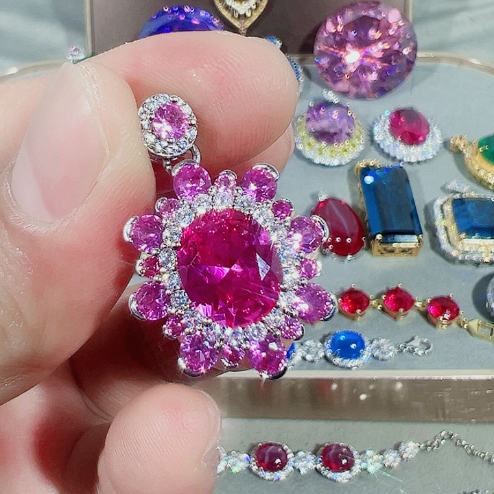 非金属红色蓝色满镶嵌吊坠戒指