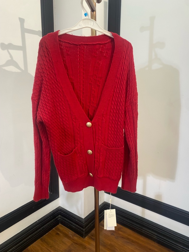 [H6854红针织小衫]长袖镂空气质夏季休闲迷彩印花豹纹