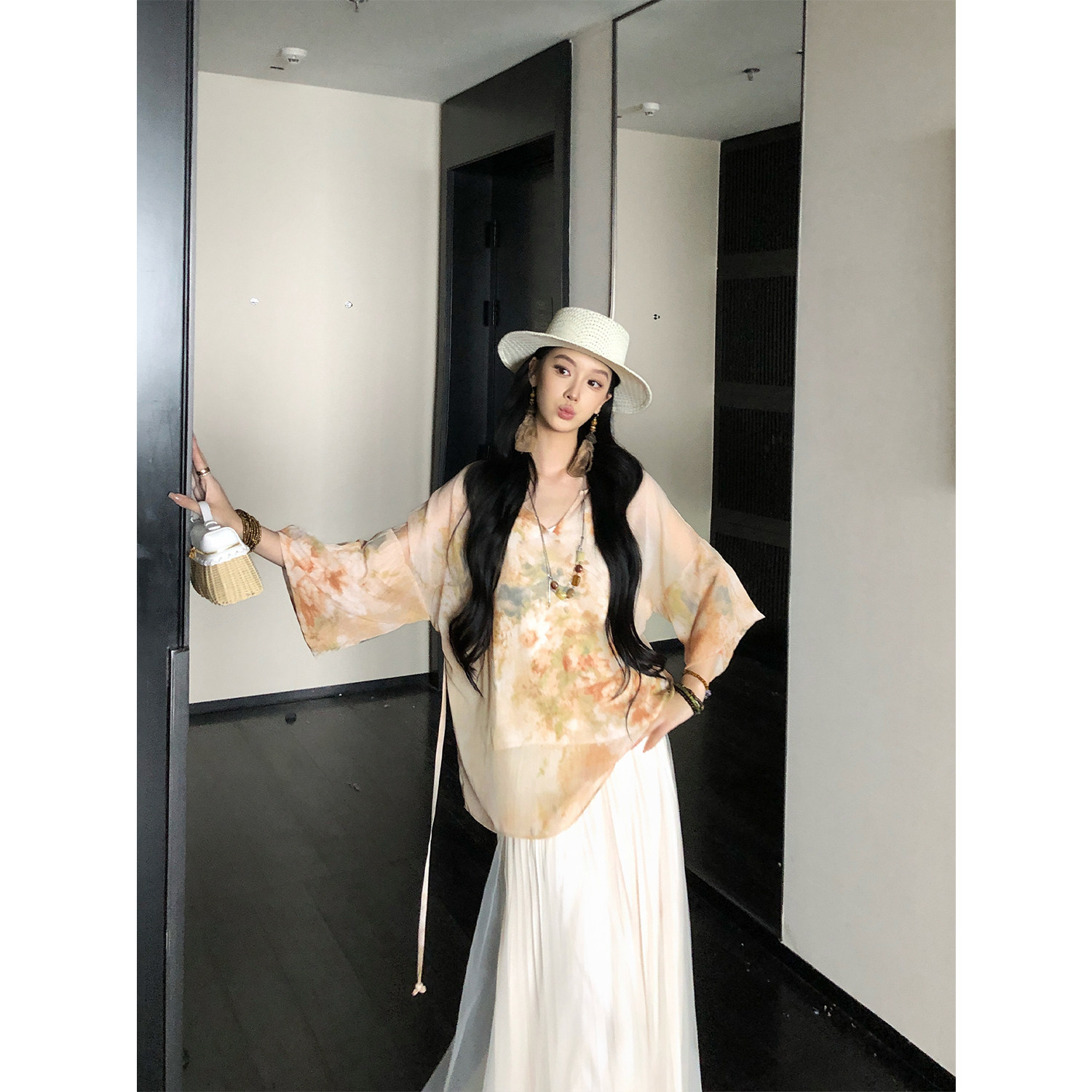 有洧Youwei【花影琉璃】夏季复古长款设计感国风气质碎花长袖春夏