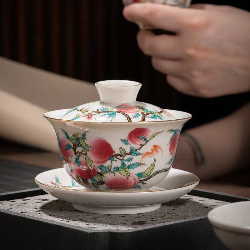 A366-草木灰九桃2号防烫视频盖碗白瓷茶具陶瓷表演