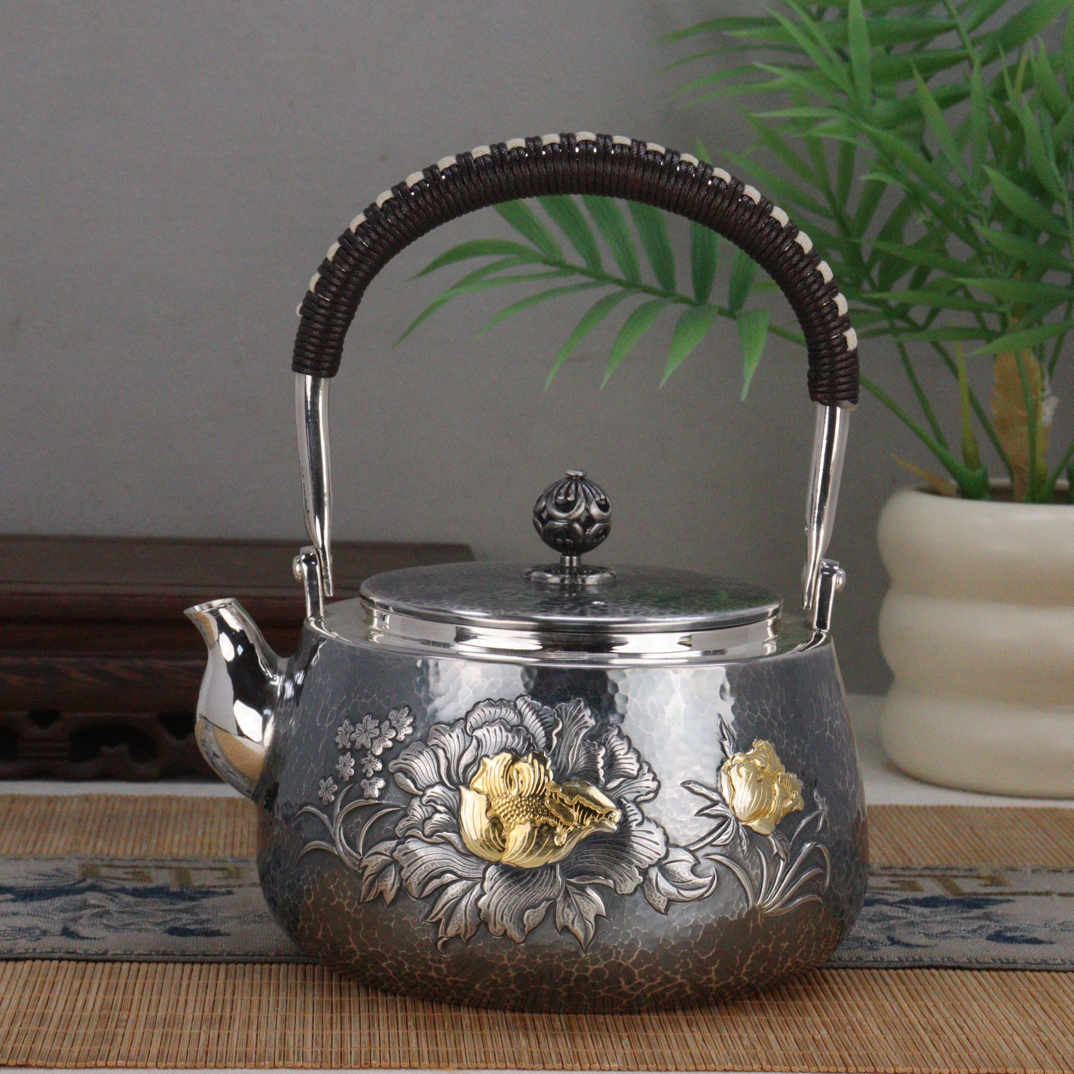 纯银手工烧水壶花开富贵镀金牡丹煮水壶纯银家用水壶茶壶茶具