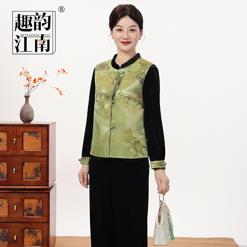 趣韵江南中老年女装薄款时尚立领套装中国风印花秋季三件套