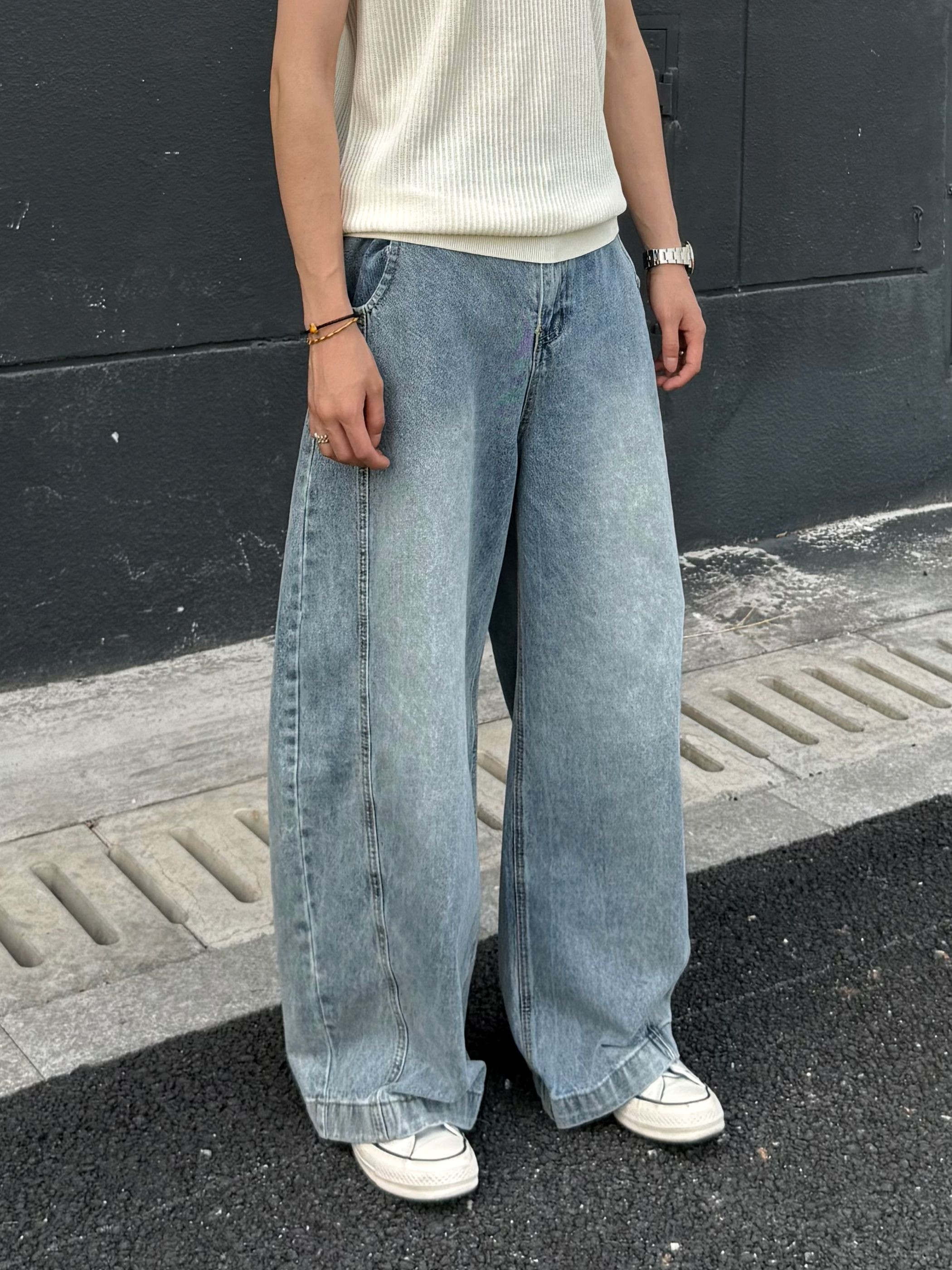 欧阳同学 阔腿弯刀裤百搭直筒牛仔裤潮流水洗薄款宽松韩版