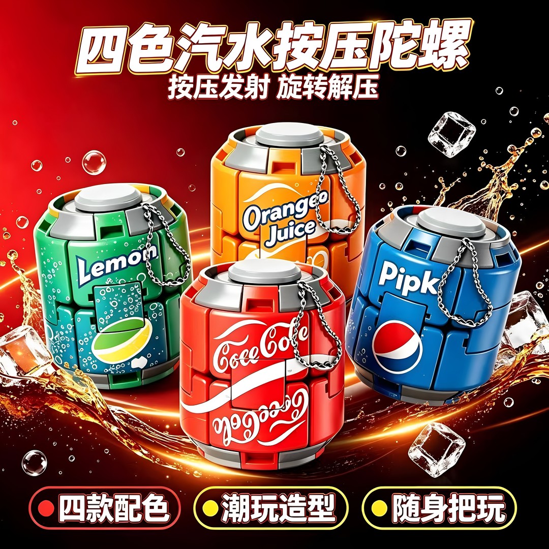 可乐雪碧汽水陀螺彩色减压按压旋转解闷解压玩具指尖球形潮玩摆件