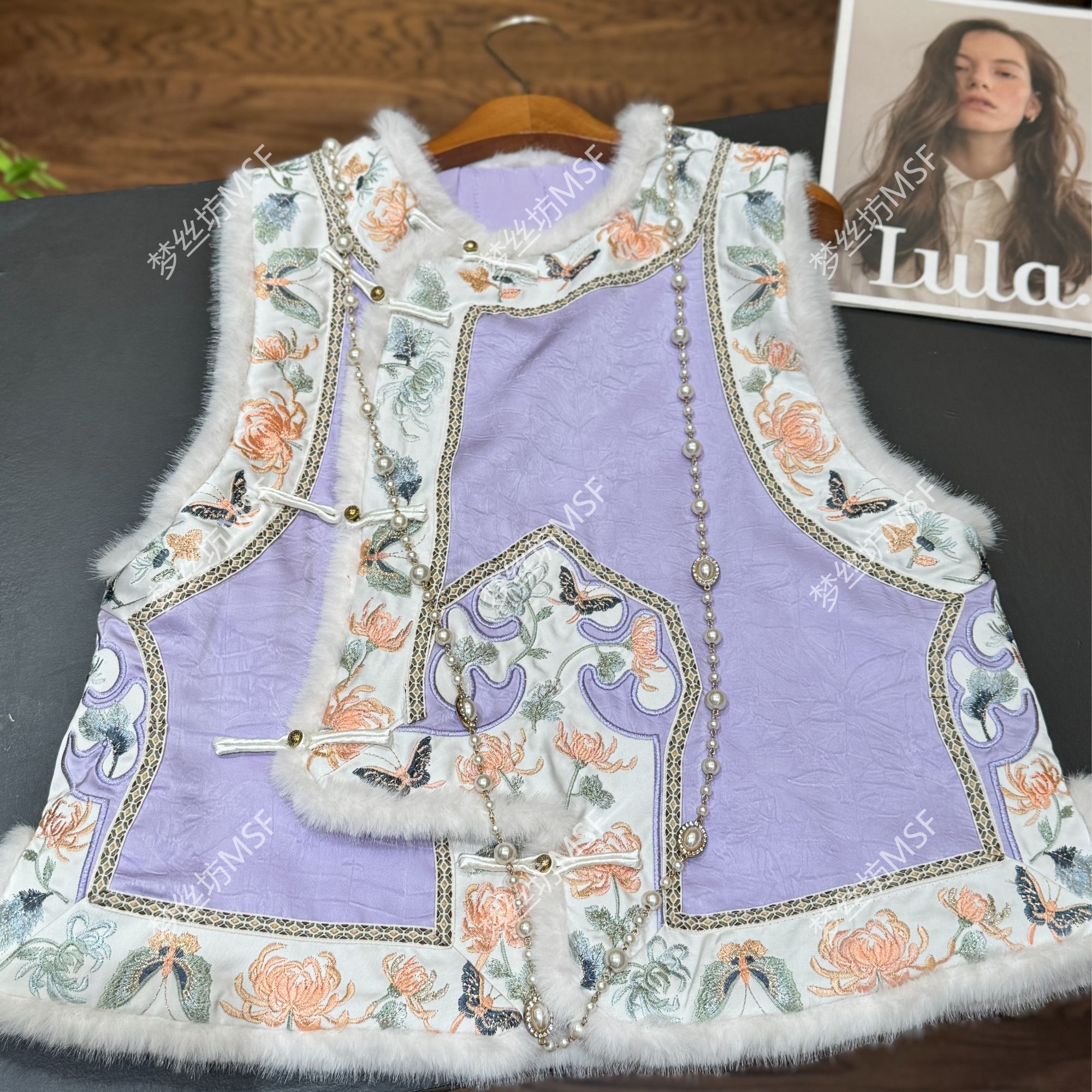 新中式重工刺绣拼接毛毛加棉马甲冬国风高品质马夹兔毛环保水貂毛