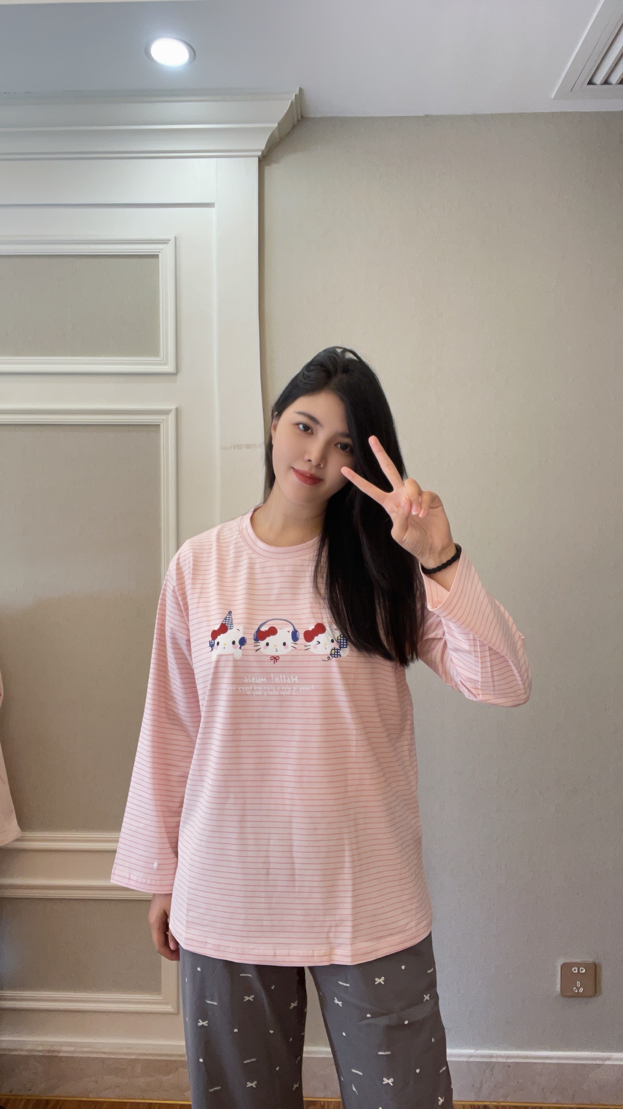 秋冬季可爱条纹半边绒睡衣女保暖甜美可外穿家居服套装