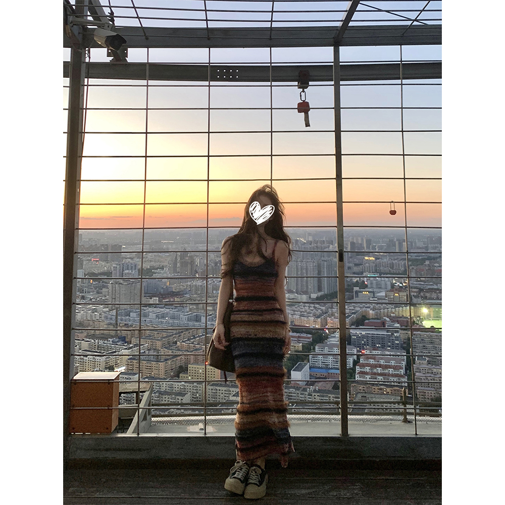 【早秋调色盘】彩色条纹针织吊带裙连衣裙+机车皮衣外套22386#