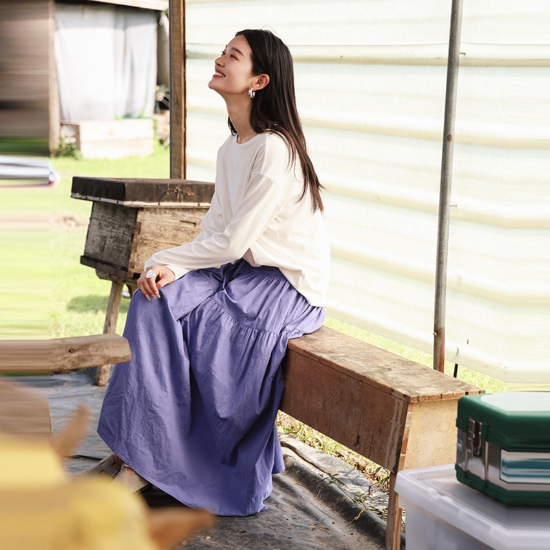绽放旅行女装488朵/竹节肌理棉抽皱松紧腰半身中长裙半身裙女秋季