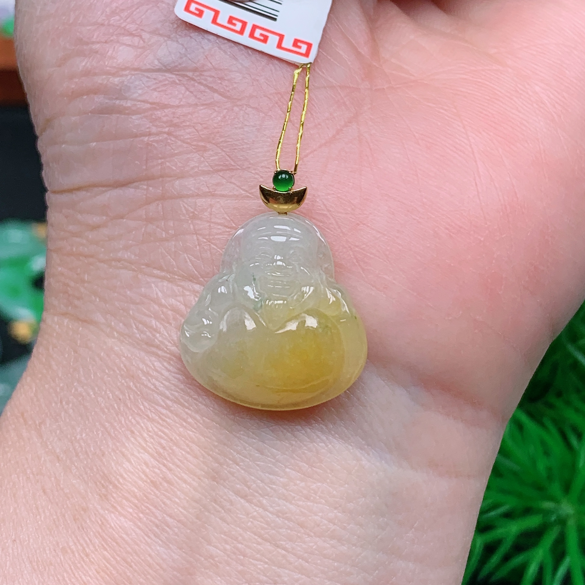 缅甸天然翡翠A货 18k金镶黄翡财神爷吊坠18/1229尺寸19x18.4x6.9