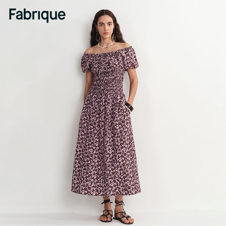 【Fabrique】新款紫藤碎花桑蚕丝棉一字肩A型显瘦复古连衣裙