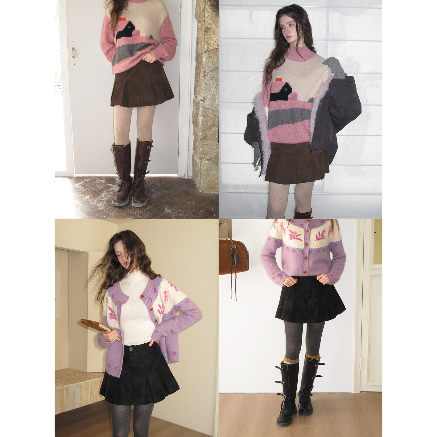 Vol.10“”经典黑+棕咖复古做旧洗水pu皮革高腰拼接百褶裙短裙