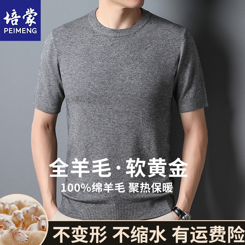 培蒙100%绵羊毛秋季短袖羊毛衫男士休闲圆领打底衫薄款纯色毛衣男