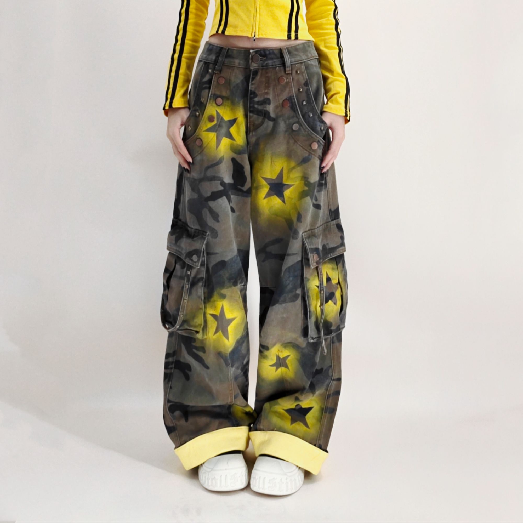 加绒抓毛2025冬季新款原创黄底星星迷彩工装牛仔裤女直筒阔腿裤子